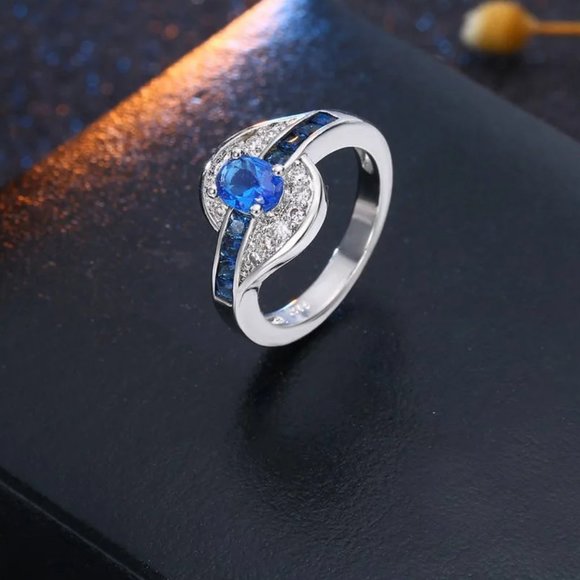 Ladies Blue Sapphire & White Oval Cut Bridal Ring .925 Solid Sterling Silver - Picture 4 of 7